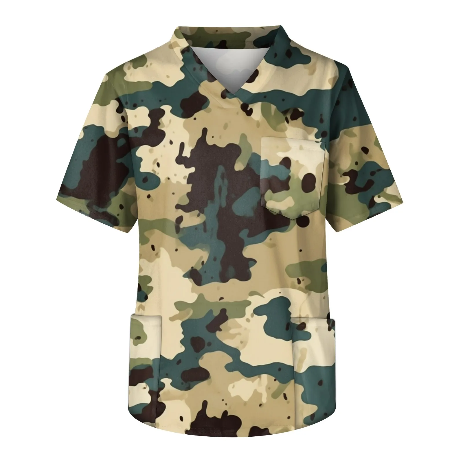 Camuflagem masculina impressão enfermeira uniformes, manga curta v-Neck tops, trabalhando bolso blusa, masculino esfrega, uniforme de trabalho camisetas