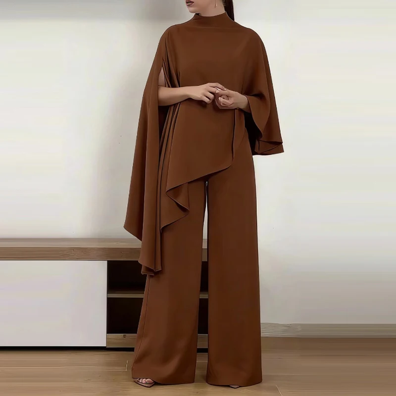 

Lady High Waist Pants 2 Piece Fashion Satin Irregular Shawl Tops&Wide Leg Pants Set Spring Summer Solid Color Loose Commute Sets