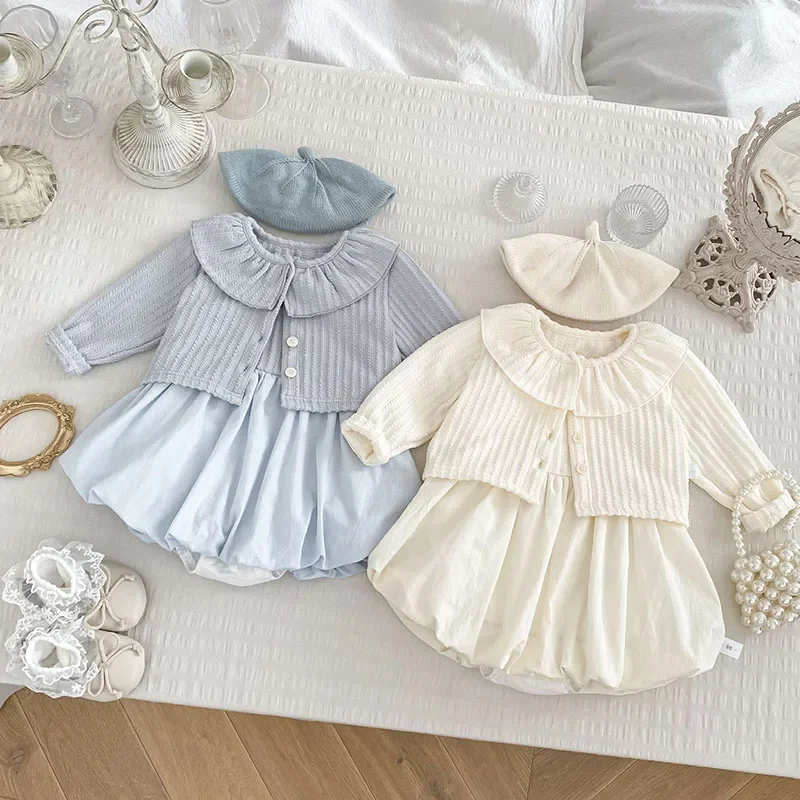 2025 New Autumn Infant Baby Girls Clothing Set Long Sleeved Cardigan Coat+Sleeveless Jumpsuit 0-24M Children Clothes Suit