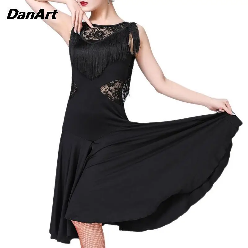 

Ladies Sexy Lace Hollow Latin Dance Dress Women's Hollow Out Tassel Performance Training Suit Adults Stage Competition Costume