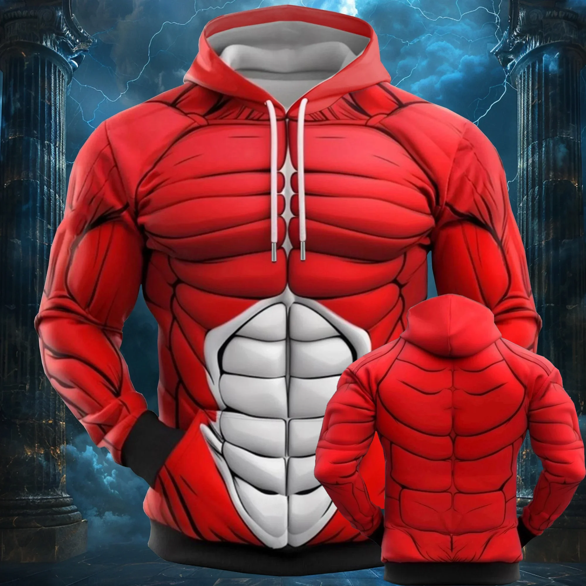 Men's Cool Cartoon Muscle 3D Print Hoodie Outdoor Sports Long Sleeve Hooded Sweatshirt Fashion Street Style Casual Pullover Coat