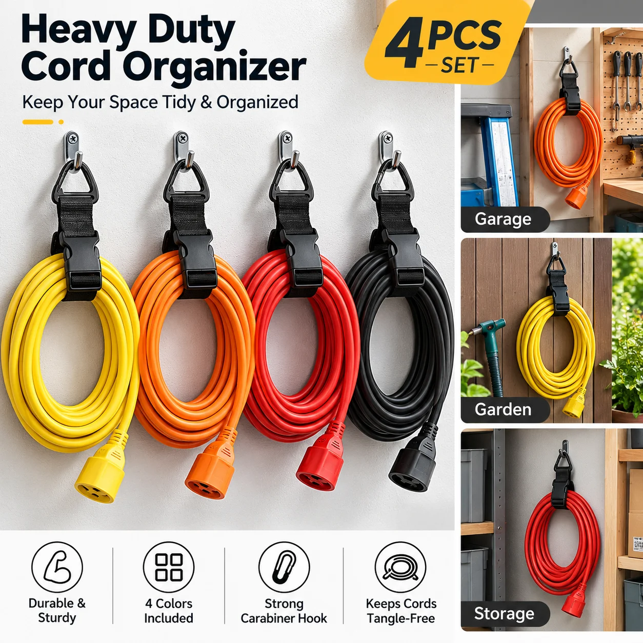 4-Pack Adjustable Garden Hose Ties, Heavy-Duty Cable & Cord Organizer Straps, Reusable Hanging Storage for Garage & Workshop
