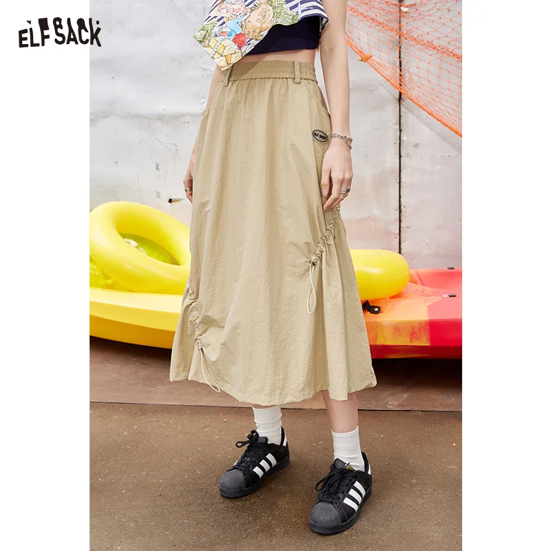 ELFSACK 2024 Summer New Arrivals High waisted A-line skirt with irregular drawstring design for women, long skirt