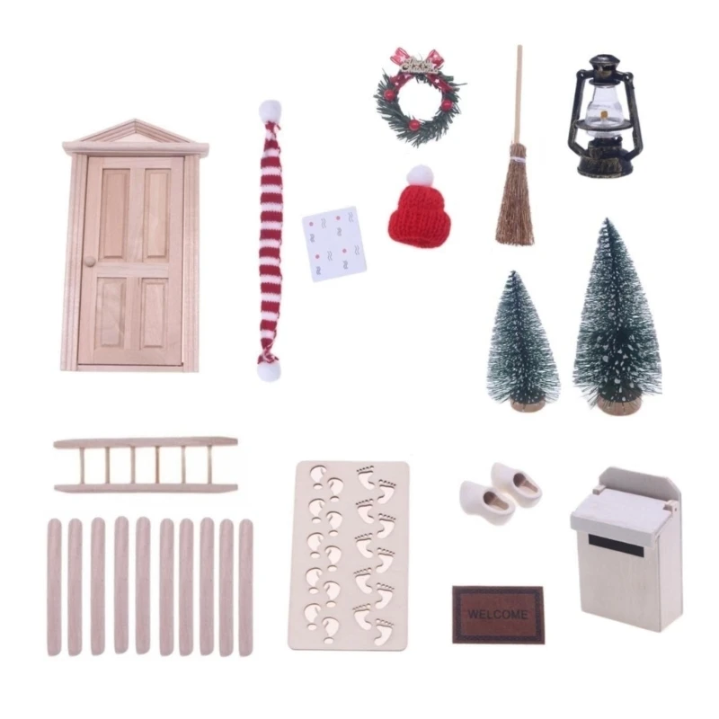 

H7EA Christmas Wood Furnitures Door Pretend Play Kid Role Play Model Set 1:12 Dollhouse Miniature Accessories Educational Toy