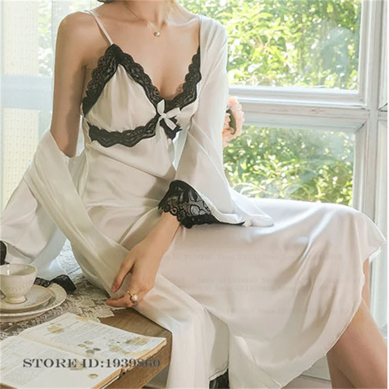 

Элегантный длинный халат из ледяного шелка, комплект ночной рубашки, женская сорочка, одежда для сна, сексуальная ночная рубашка на подтяжках с кружевной отделкой, нижнее белье, свободная домашняя одежда