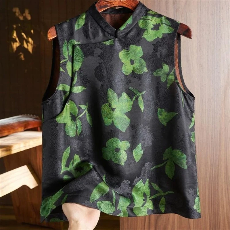 

Chinese Style Floral Print Silk Vest Women Stand Collar Sleeveless Black Tank Soft Frog Button Literary Waistcoat