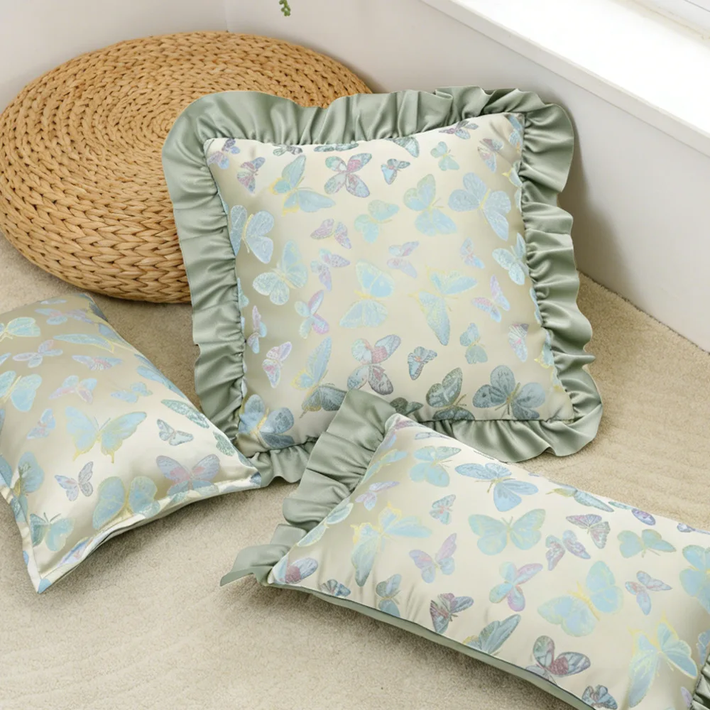 Nordic Sofa Throw Pillowcase Cojines Butterfly Jacquard Green Lotus Leaf Lace Cushion Cover Living Room Sofa Decor Pillowcases