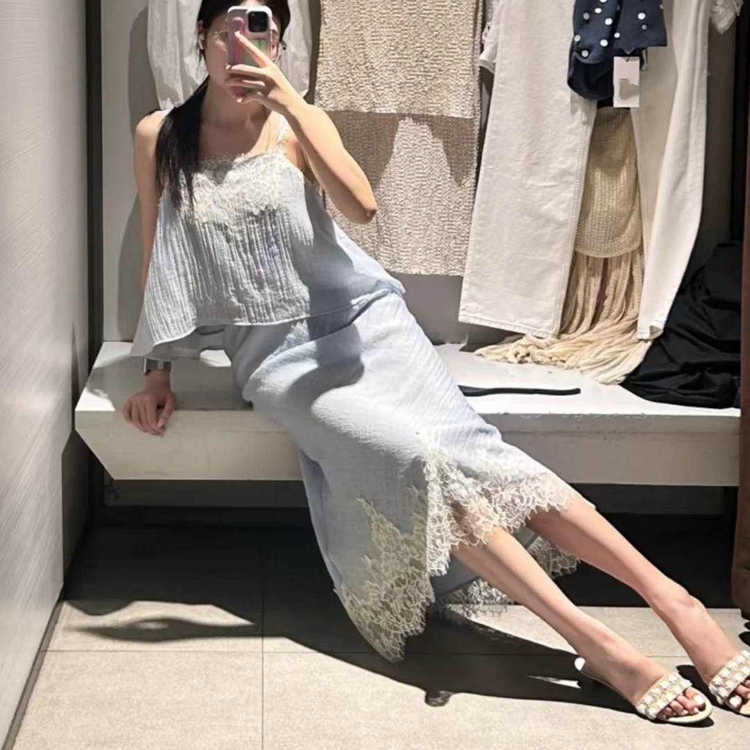 Elegant Lace Trim Halter Vest Women's Skirt Thin And Lightweight Summer Vacation Style Fairy Atmosphere Half-length Skirt