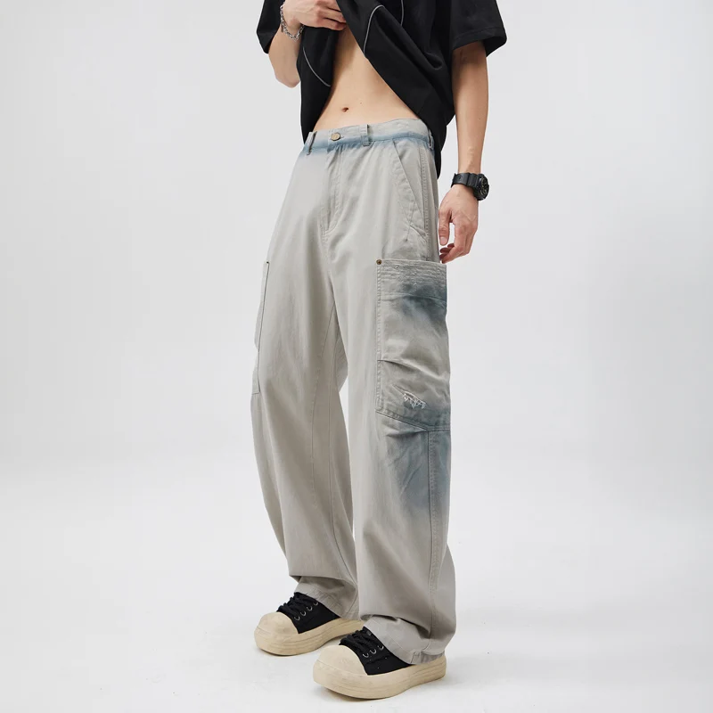 Men's 100% Cotton Baggy Trousers Sweatpants Wide Casual Lounge Joggers Multi Pockets Spring Summer Y2k Tie Dye Cargo Pants