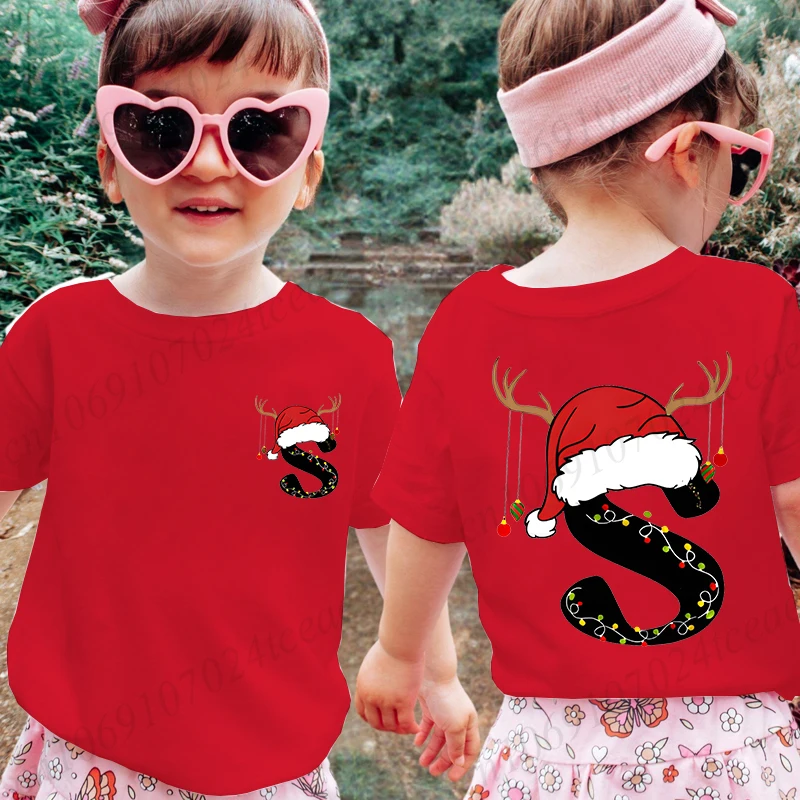 Summer New Kids Tshirts 26 A~Z Christmas Alphabet Printed Cartoon T Shirt for Girls Cotton T Shirt Tees Tops Children Clothes