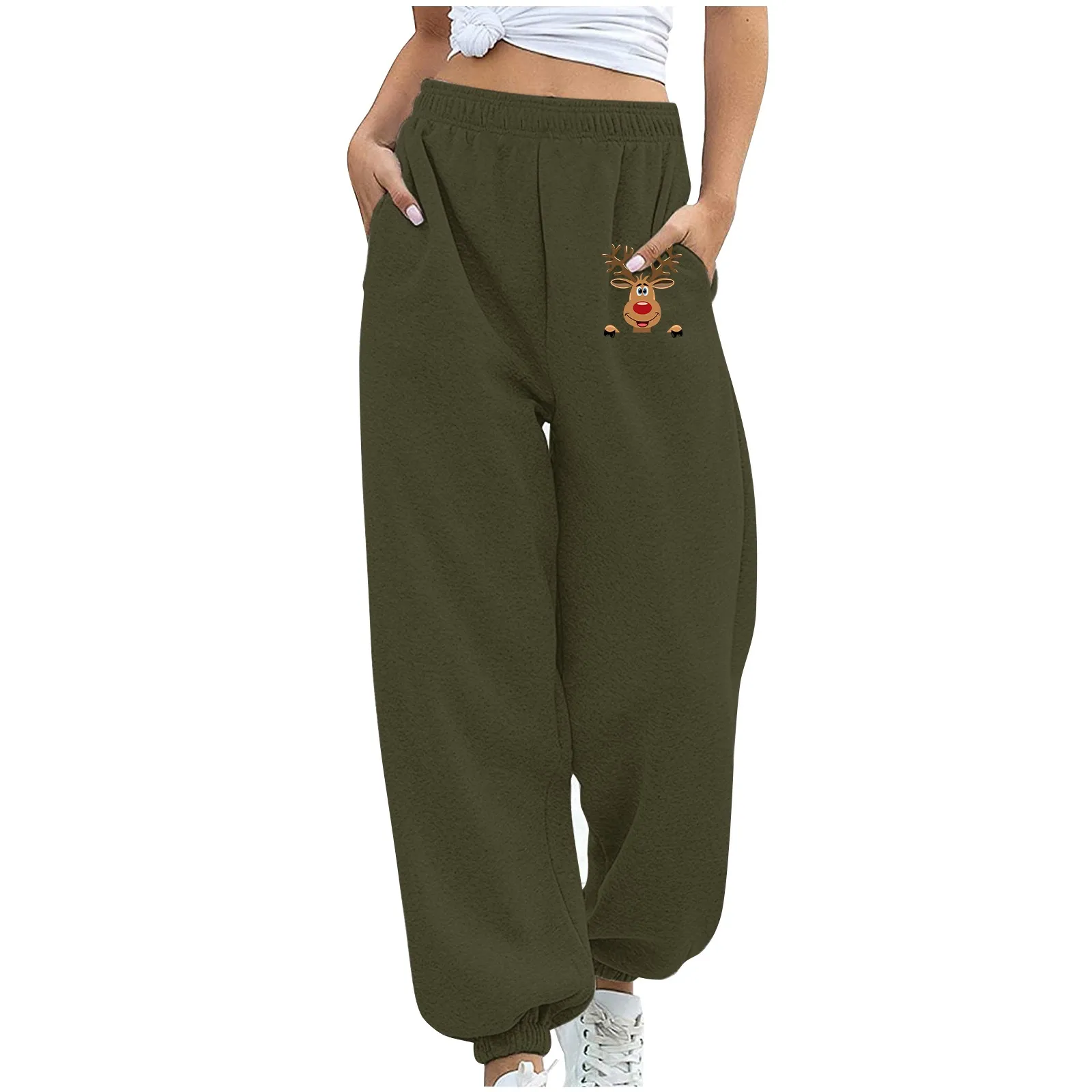 Damen Herbst kleidung gerades Bein lose einfarbige Weihnachts druck Jogger hose hohe elastische Taille Jogging hose Streetwear