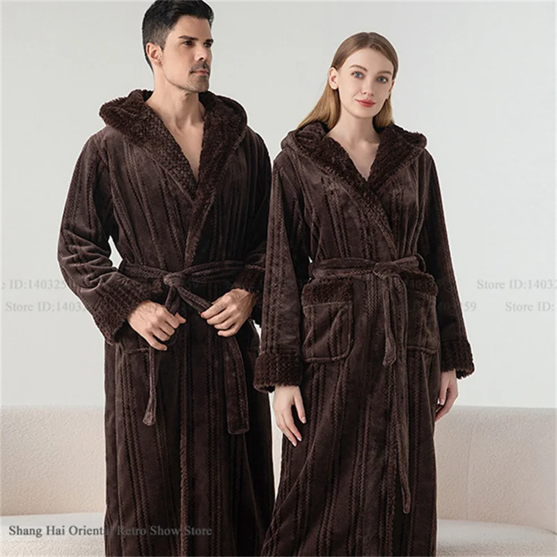 Autumn Winter New Flannel Hooded Long Robe Kimono Gown Couple Sleepwear Loose Thicken Warm Coral Fleece Night Clothes Homewear