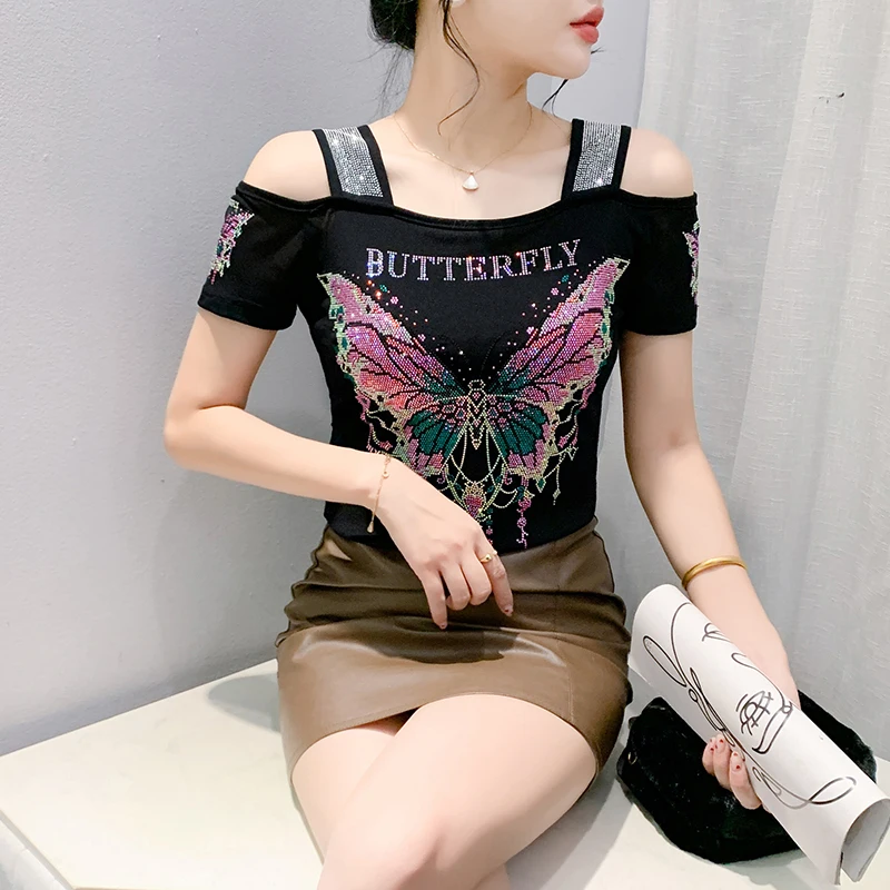تيشيرتات شبكية ضيقة مكشوفة الكتفين لامعة للنساء ، تيشيرتات مصممة على شكل فراشة ، تيشيرتات فاخرة مثيرة ، صيف ، جديد #5