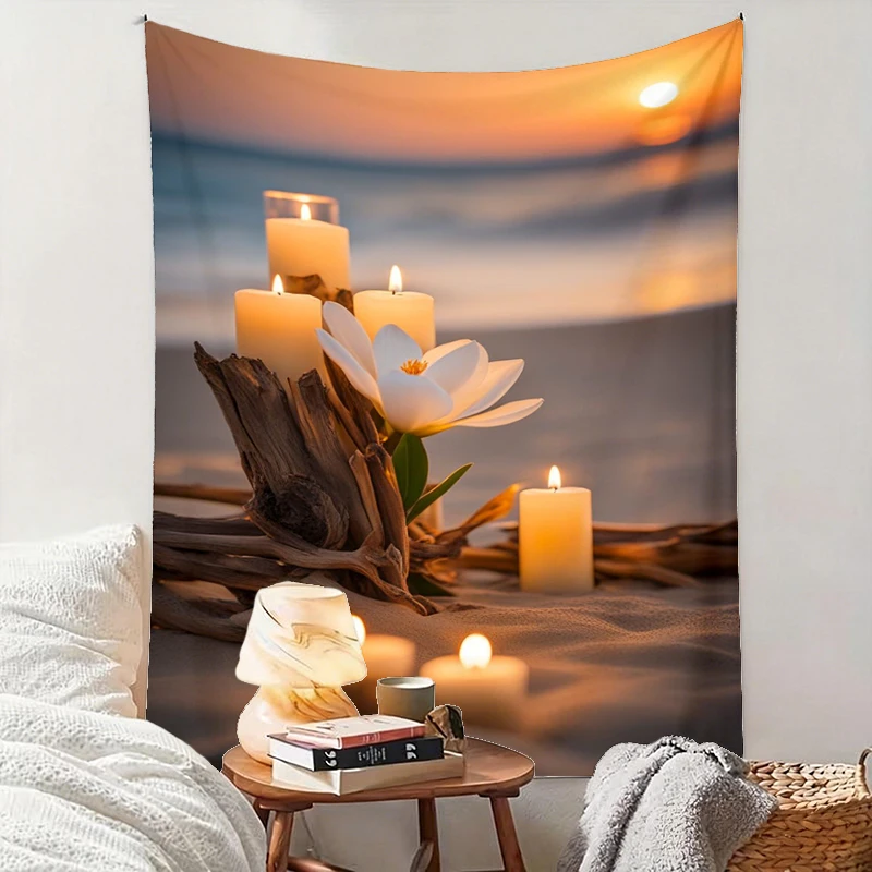 1PC Beach Candle Flower Art Print Backdrop Banner, Bedroom Living Room Photo Background, Polyester, Home Decor, Wall Art
