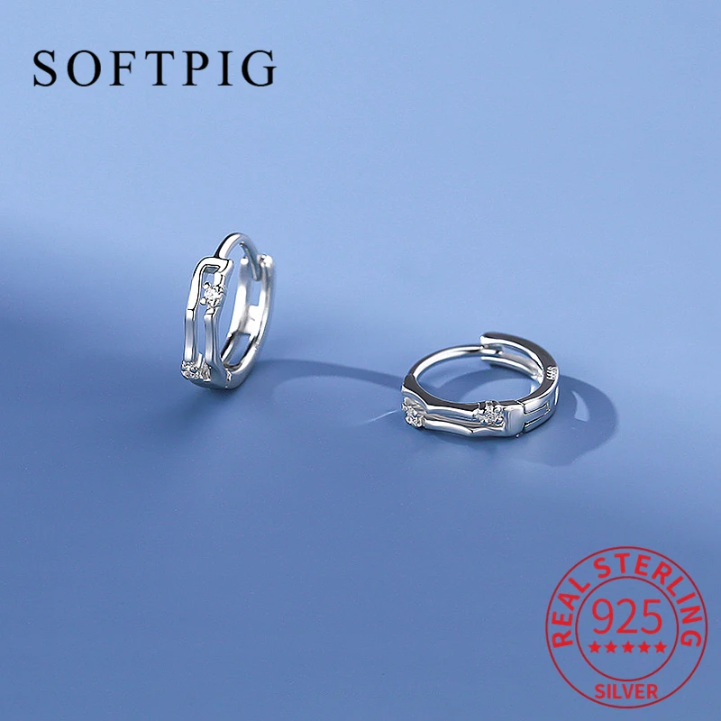 SOFTPIG Real 925 Sterling Silver Zircon Double Layered Lines 8/10/12mm Hoop Earrings for Women Classic Fine Jewelry Accessories