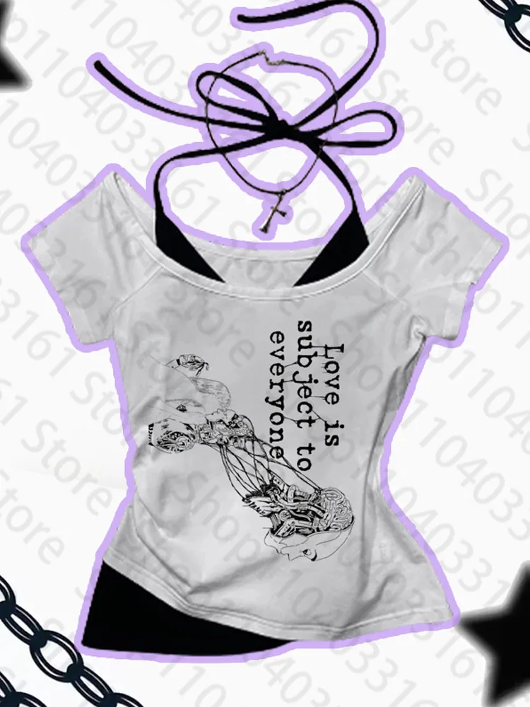 เสื้อยืดพิมพ์ลายสไตล์ฮาราจูกุยุค 2000 สำหรับผู้หญิง ทรงเข้ารูป สไตล์วายทูเค เรโทร กอธิค คาวาอี้