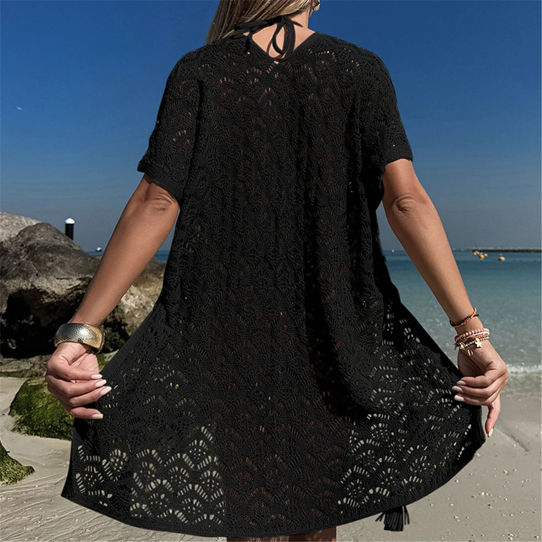 Strandkleid Strandmode Neues Kurzarm-V-Ausschnitt Einfarbiges Häkel-Strick-Tunika Strandkleidung Strandüberwurf Überwürfe Damen V7221 – Detail 10