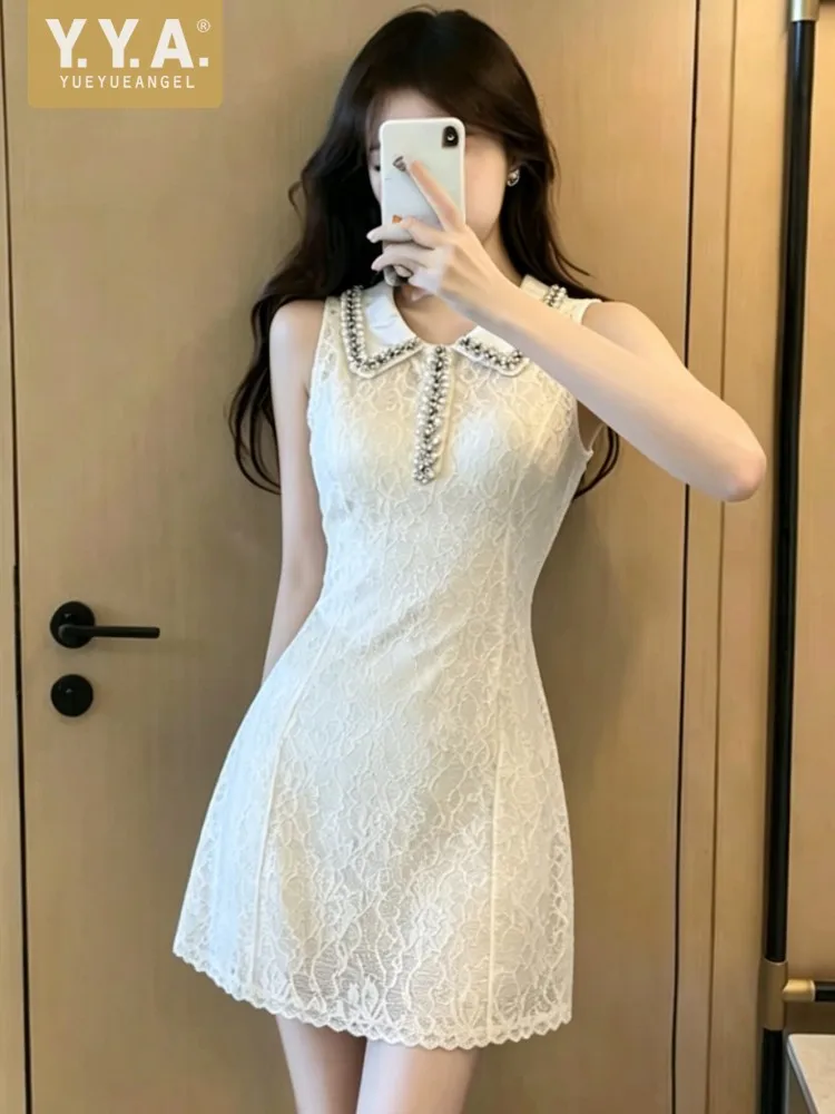 

Fashion Sweet Lady Sleeveless Pearl Turn Down Collar Lace Dress Spring Summer Slim Fit A Line Dress Elegant Women Short Dresses