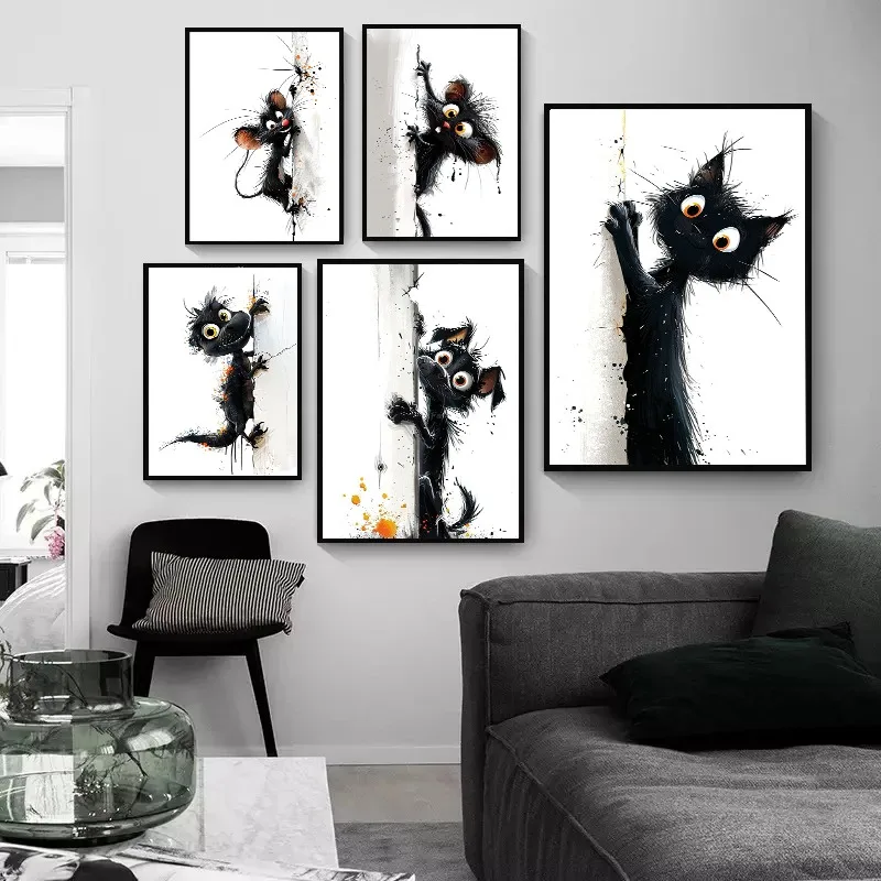 1pc frameless Climbing Critters Abstract Illustration Poster Funny Vibrant Animal Pet Dog Cat Mouse Canvas Wall Art Room Home De