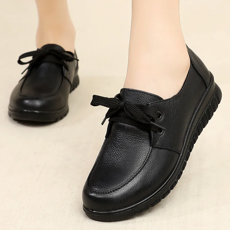 Spring Women Flats Slip-On Sneakers Leather Loafers Lace Up Women Casual Shoes Ladies Footwear Breathable Black Walking Shoes