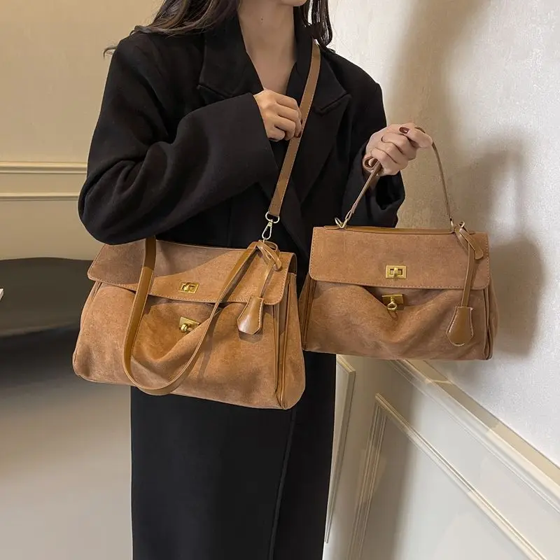 

JIAERDI Ретро замшевая сумка-тоут с замком, женская однотонная сумка на плечо большой вместимости, женская повседневная сумка через плечо для повседневного использования