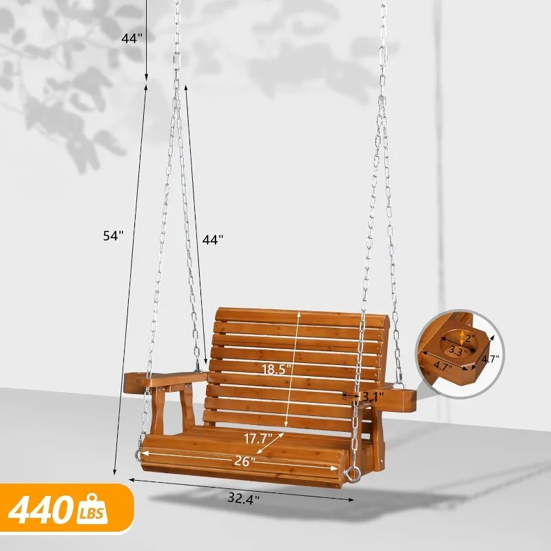 Heavy Duty 440 LBS 1-Person Wooden Patio Porch Swing with Extra Cup Holder for Adults & Kids, Outdoor Single Porch Swing