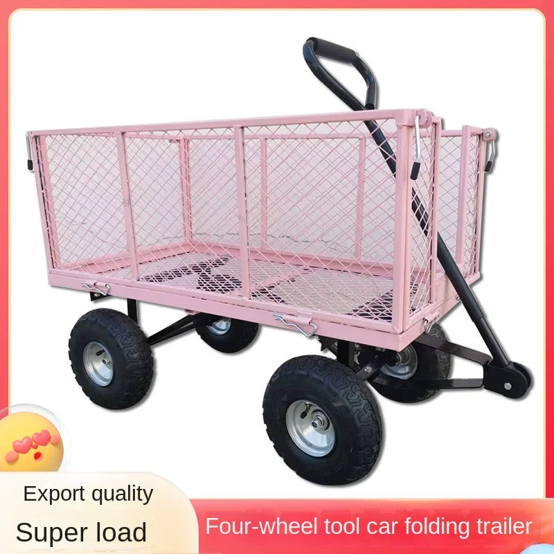 Four-wheeled flatbed hand trailer 4 wheel 96cm 86 cm long  folding mobile bike tool