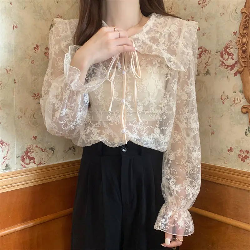 Women Shirt Lace Up Tops Peter Pan Collar Elegant Summer Trendy Korean Style Embroidery Casual Fashion Retro See-through Blouses