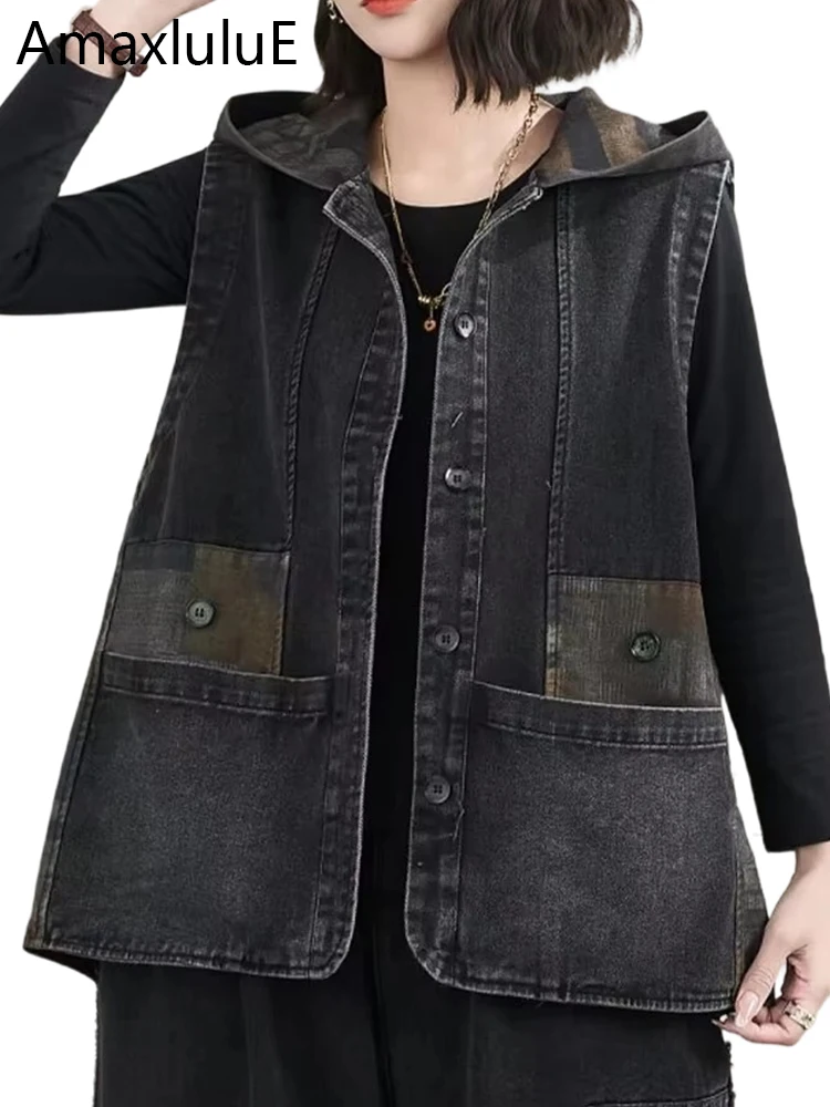 

Amax LuluE Spring Vintage Leisure Hooded Waistcoats Females Classic Patchwork Denim Vest Womens Fashion Loose Sleeveless Coats