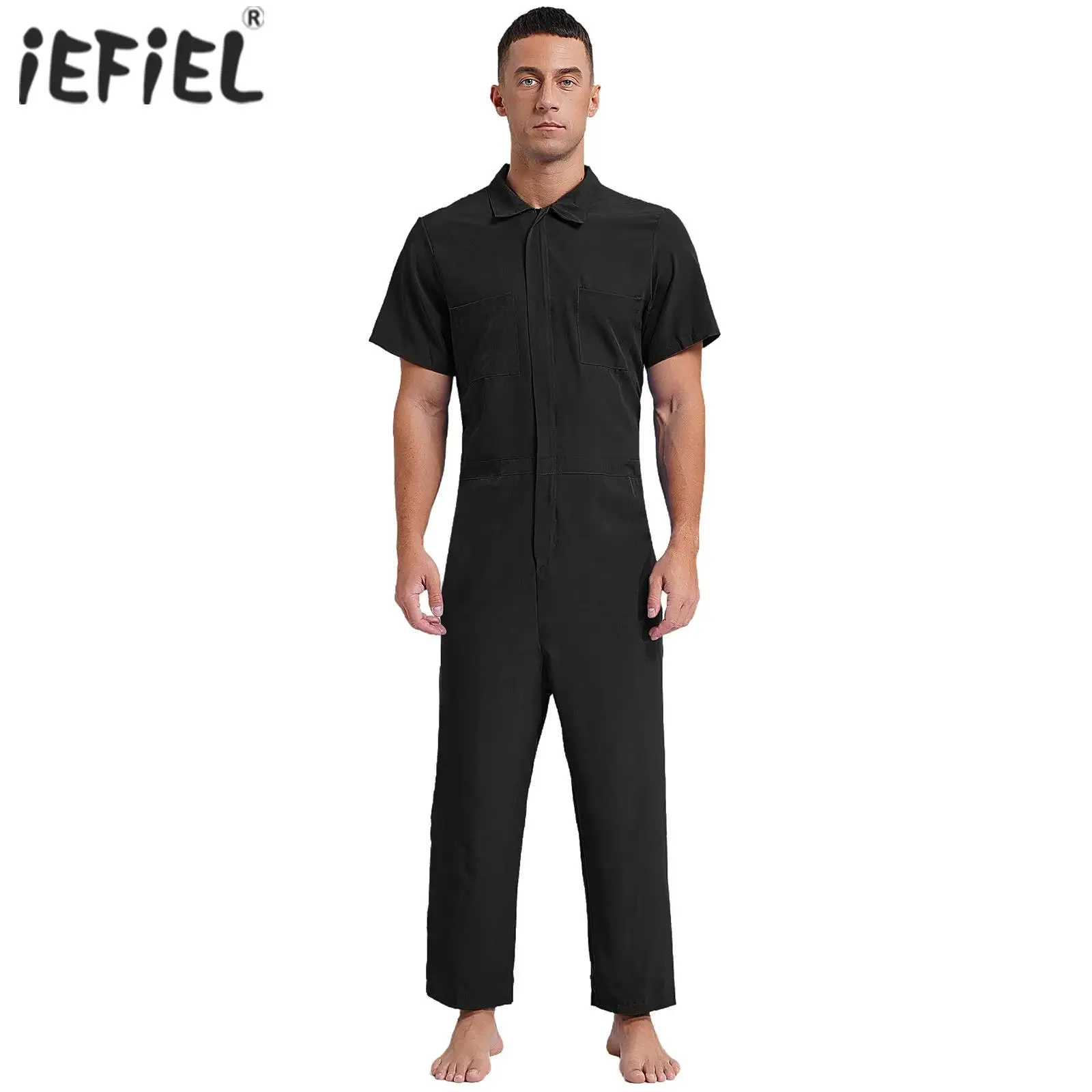 

Mens Resistant Overalls Jumpsuit Dungarees Coveralls Workshop Uniform Work Wear Shorts Sleeve Zipper Multiple Pockets Rompers