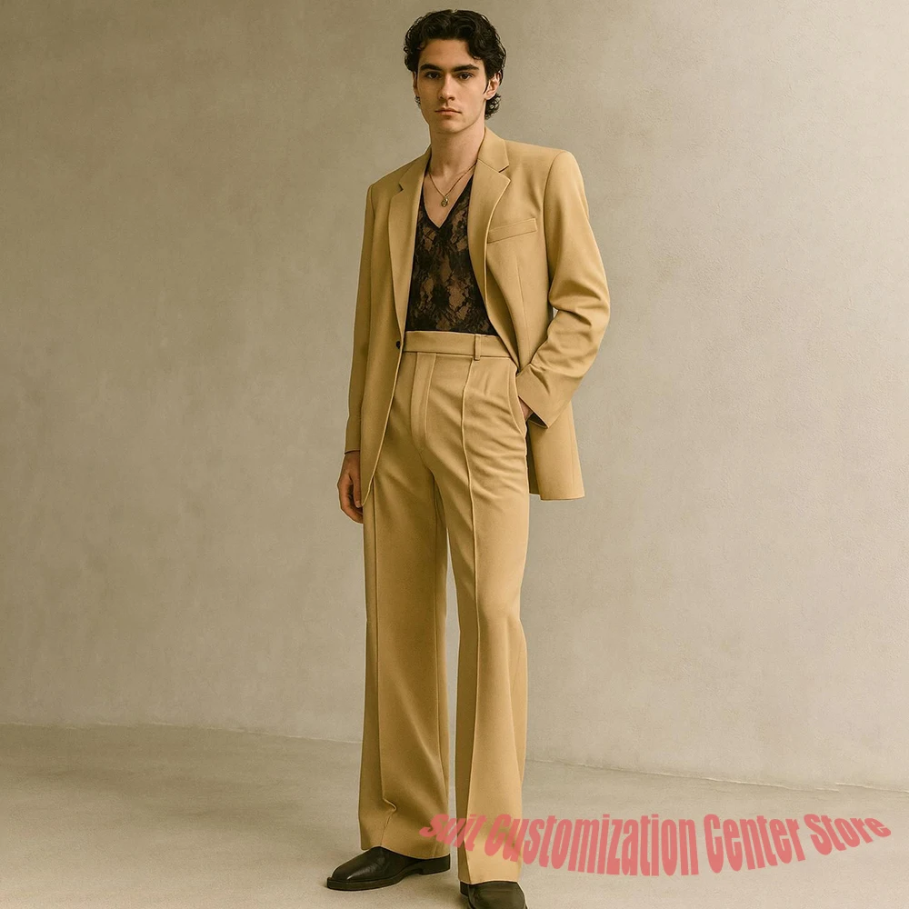 Formal Men's Camel Suit Set Luxe Fashion Tailored Two-Piece Jacket+Trousers for Evening Parties Wedding Guest Outfit