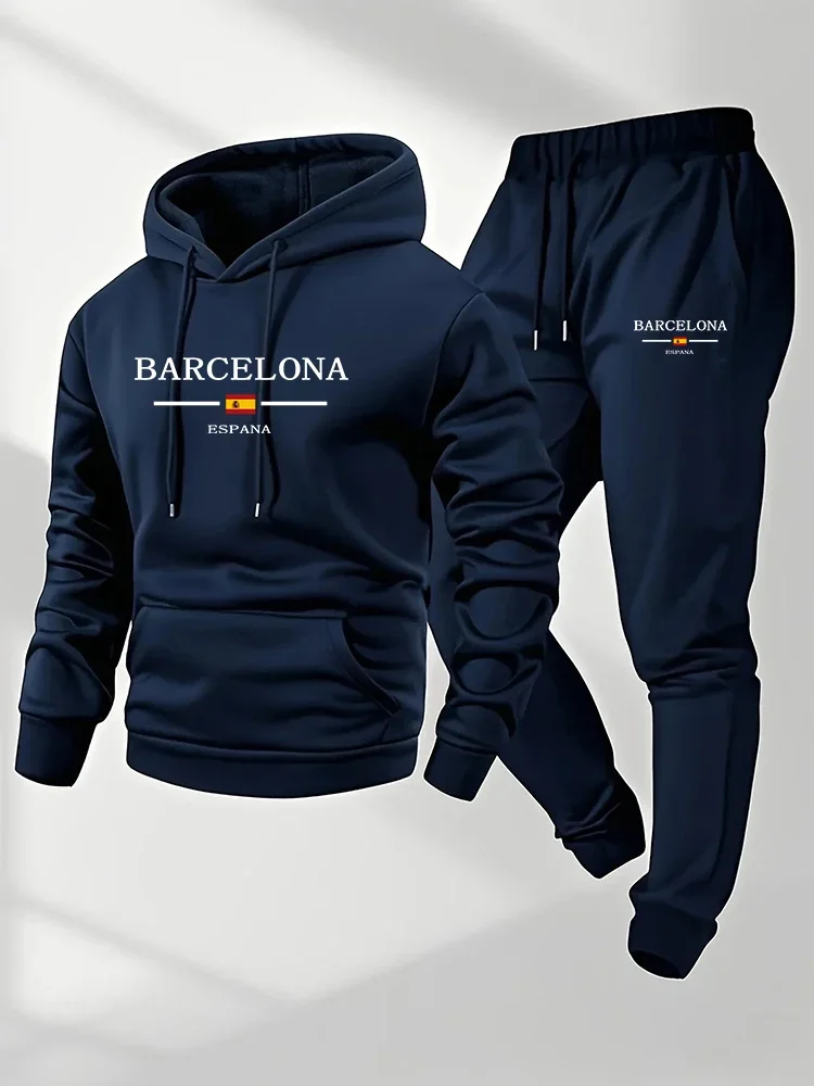 Conjunto de 2 peças de roupa esportiva masculina para outono/inverno: moletom com capuz e calça de treino estampada, ideal para academia, corrida e atividades ao ar livre.