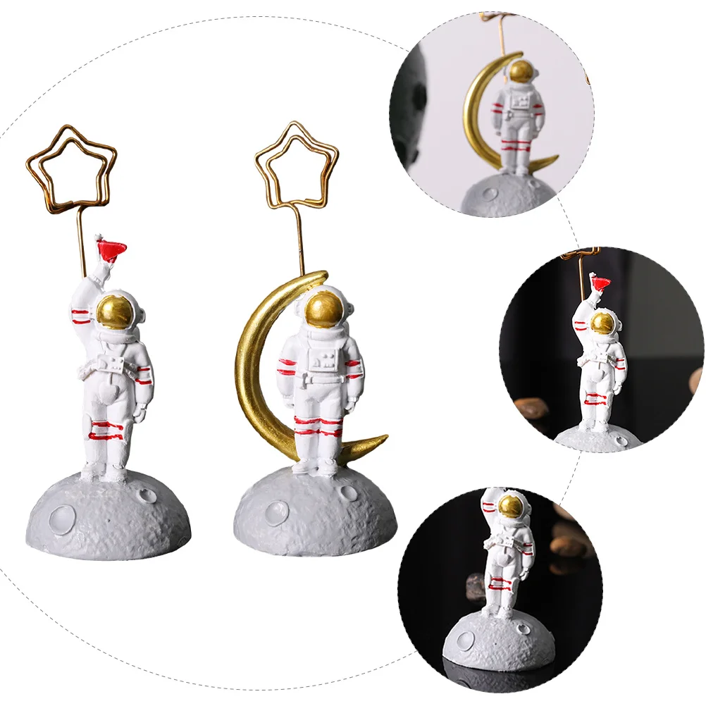 

4Pcs Name Card Holder Resin Astronaut Shape Photo Clips Desktop Ornament Spaceman Business Note Holder Memo Clip Table Decor