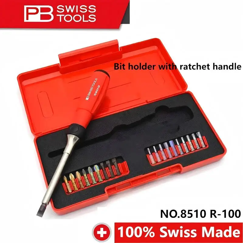 PB SWISS TOOLS NO.8510 R-100 Multi-Ratchet Screwdriver Set for Quick Change Bits, Bit Holder with Ratchet Handle