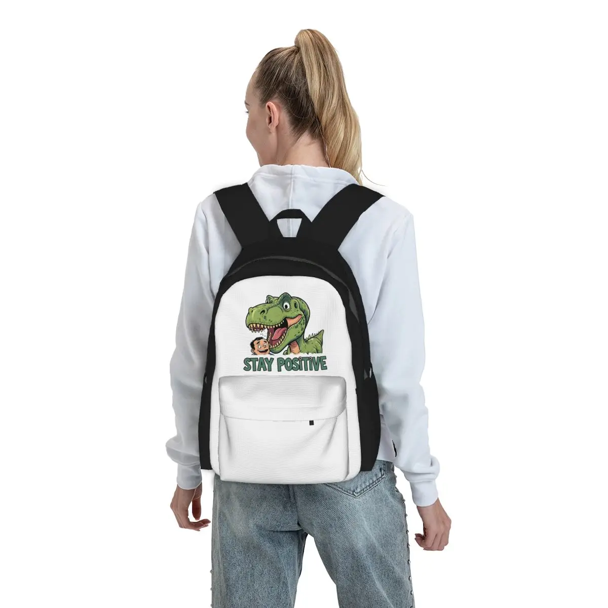 Stay Positive Funny T-Rex Dinosaur Sticker Backpack Boys Girls BookBag Kids School Bag Computer Shoulder Bags for Men Women