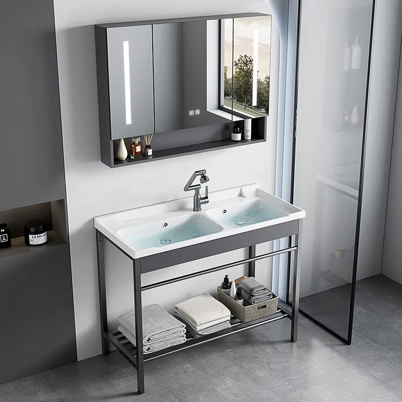 Floor-to-ceiling stainless steel double basin sink ceramic integrated bracket wash basin bathroom