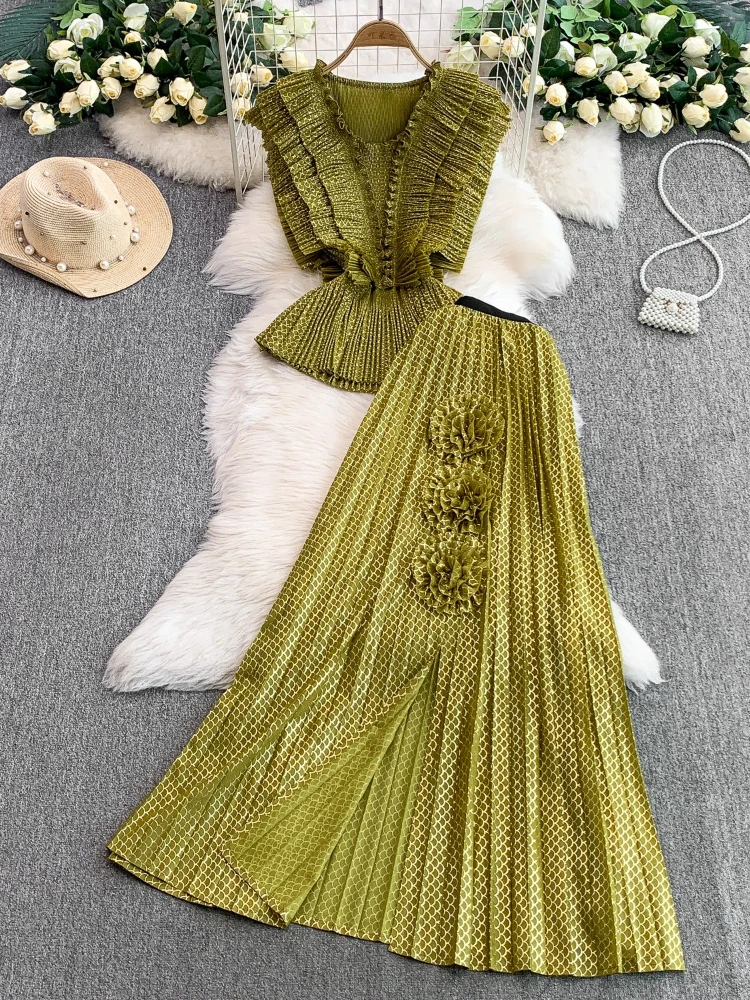 

Summer Women Double Layered Lotus Leaf Edge V-neck Sleeveless Slim Wais Top+High Waist Split Skirt 3d Floral Elegant Set