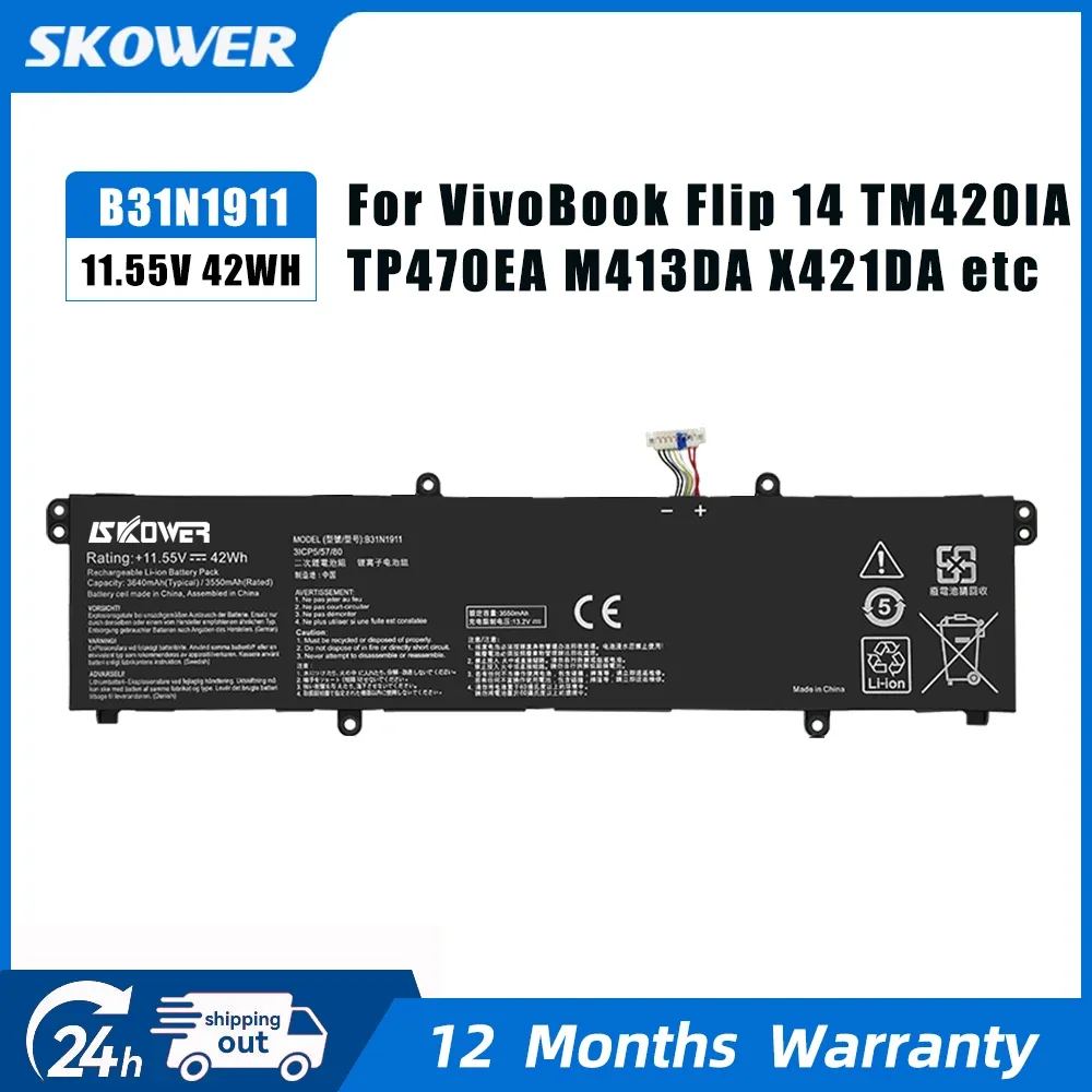 SKOWER Laptop Battery For ASUS VivoBook Flip 14 TM420IA TP470EA M413DA-EK162T EK007T X421DA X421EA B31N1911 C31N1911 3ICP5/57/80