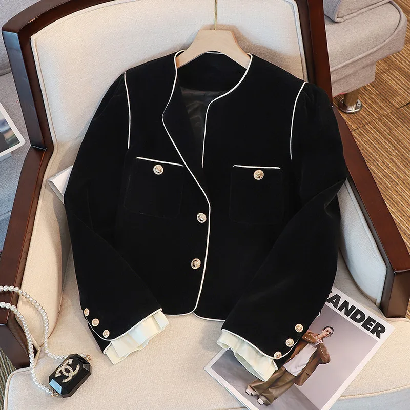 Spring Autumn New Leisure Fashion Temperament Women\'s Velvet Suit Coat 2023 Black Blazers