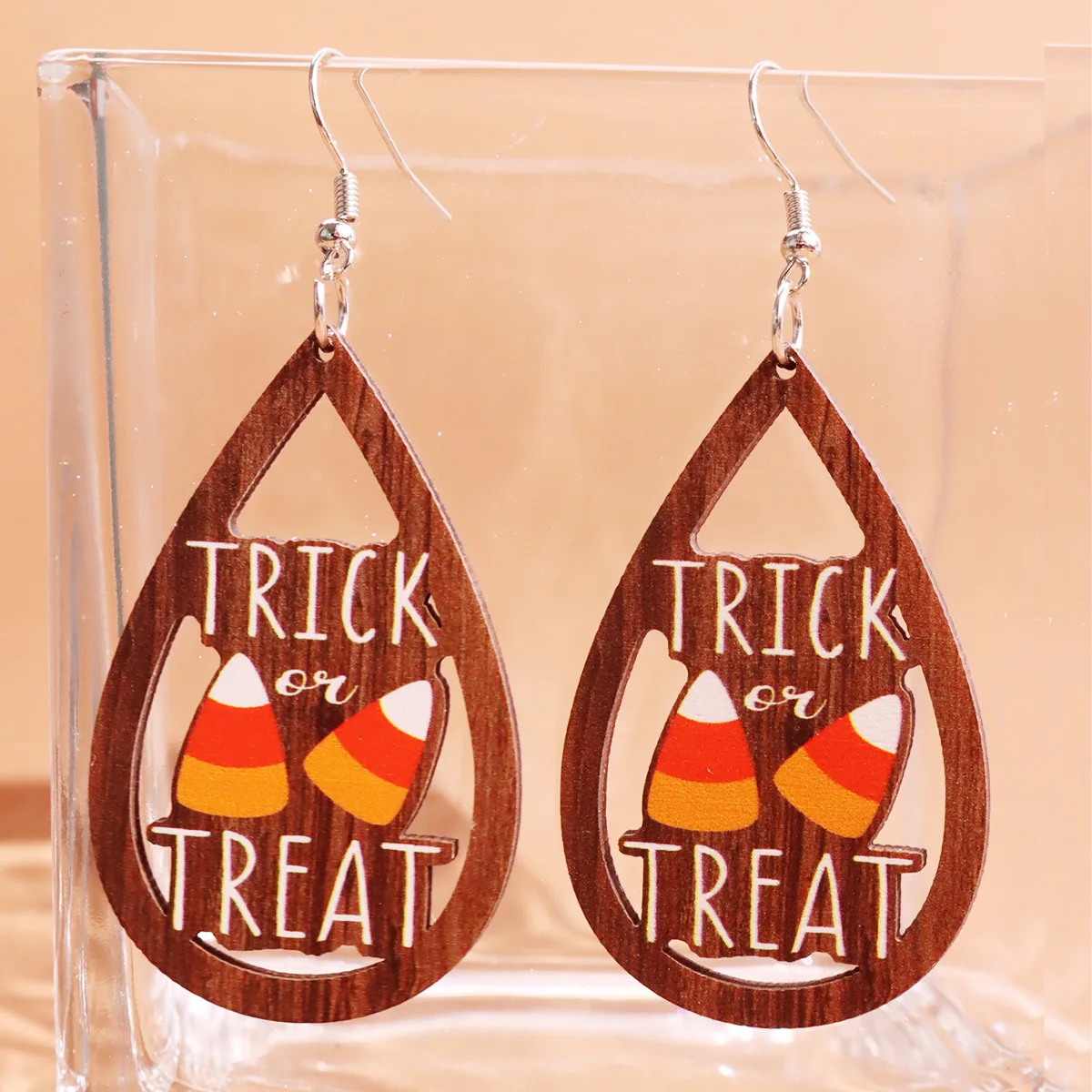 Halloween Trick or Treat Wooden Earrings Candy Corn Teardrop Openwork Geometric Earrings for Women Festive Party Accessories