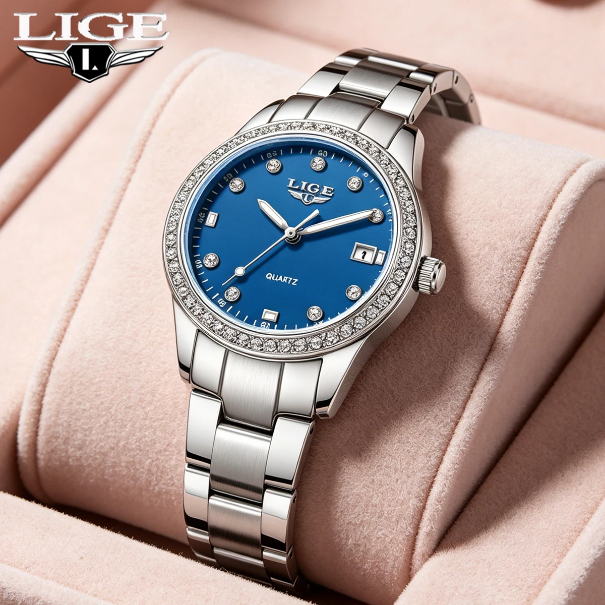 LIGE Women Watch Elegant Business Quartz Wristwatch Pink Dial Lady Casuan Dress Bracelet With Date Display Original Clock