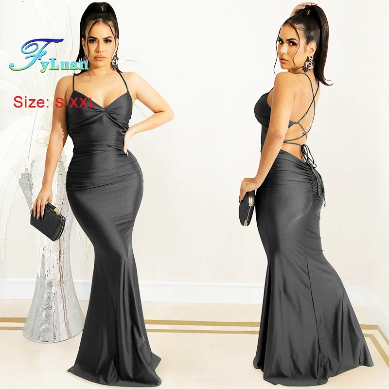 Lace Up Zwarte Vrouwen Satijnen Maxi Jurk Backless Bodycon Sexy Party Elegant Festival Avond Jarretel Strakke Hippe Jurk Lange Jurk