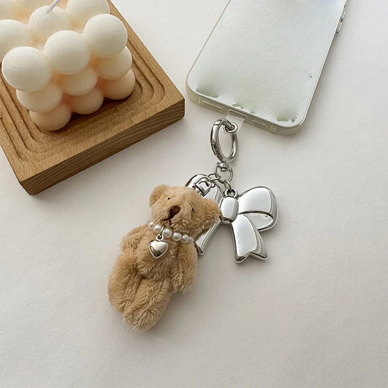 Ins Style Pearl Bear Key Chain Plush Bunny Bowknot Phone Pendant Headphone Case Charm Bag Decor Car Key Ring