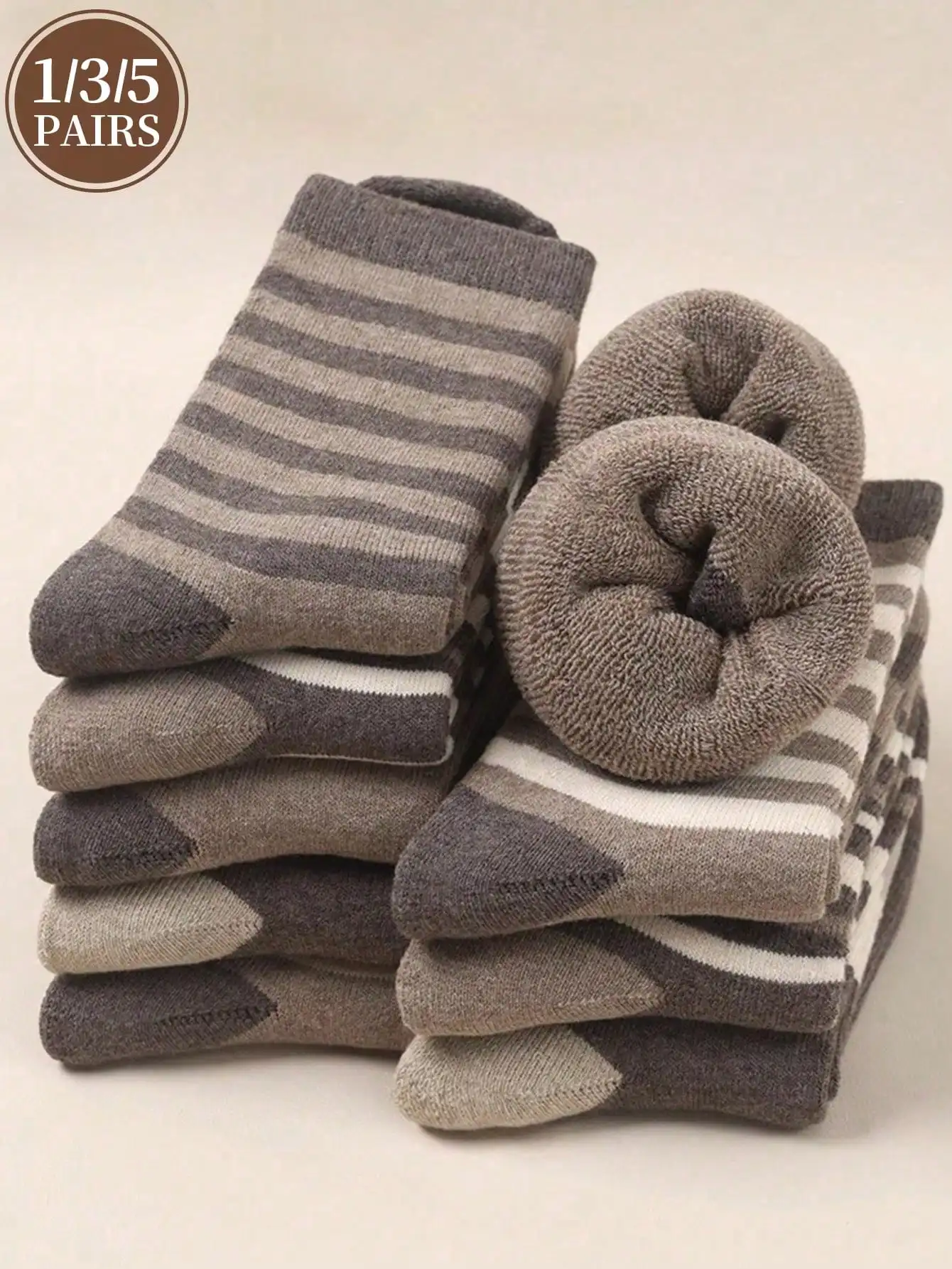 3Pairs Coffee Brown Striped Contrast Color Casual Thermal Lined Thickened Warm Mid-Calf Socks For Women, Autumn/Winter