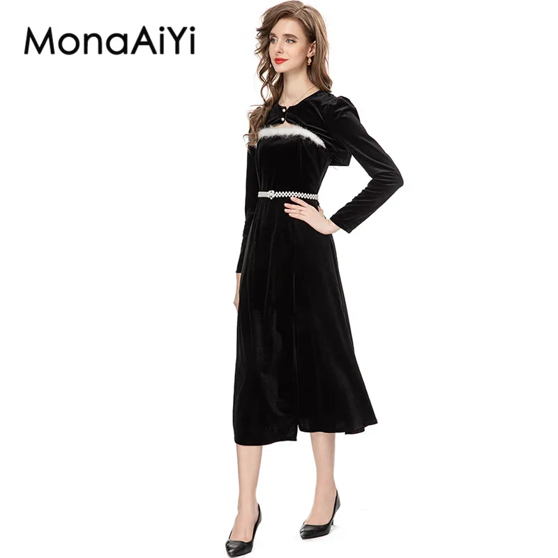 

MonaAiYi New Fashion Designer Suit Women's Long Sleeves Short Shawl Tops+Black Sexy Velvet Split Suspenders Dress 2pcs Set