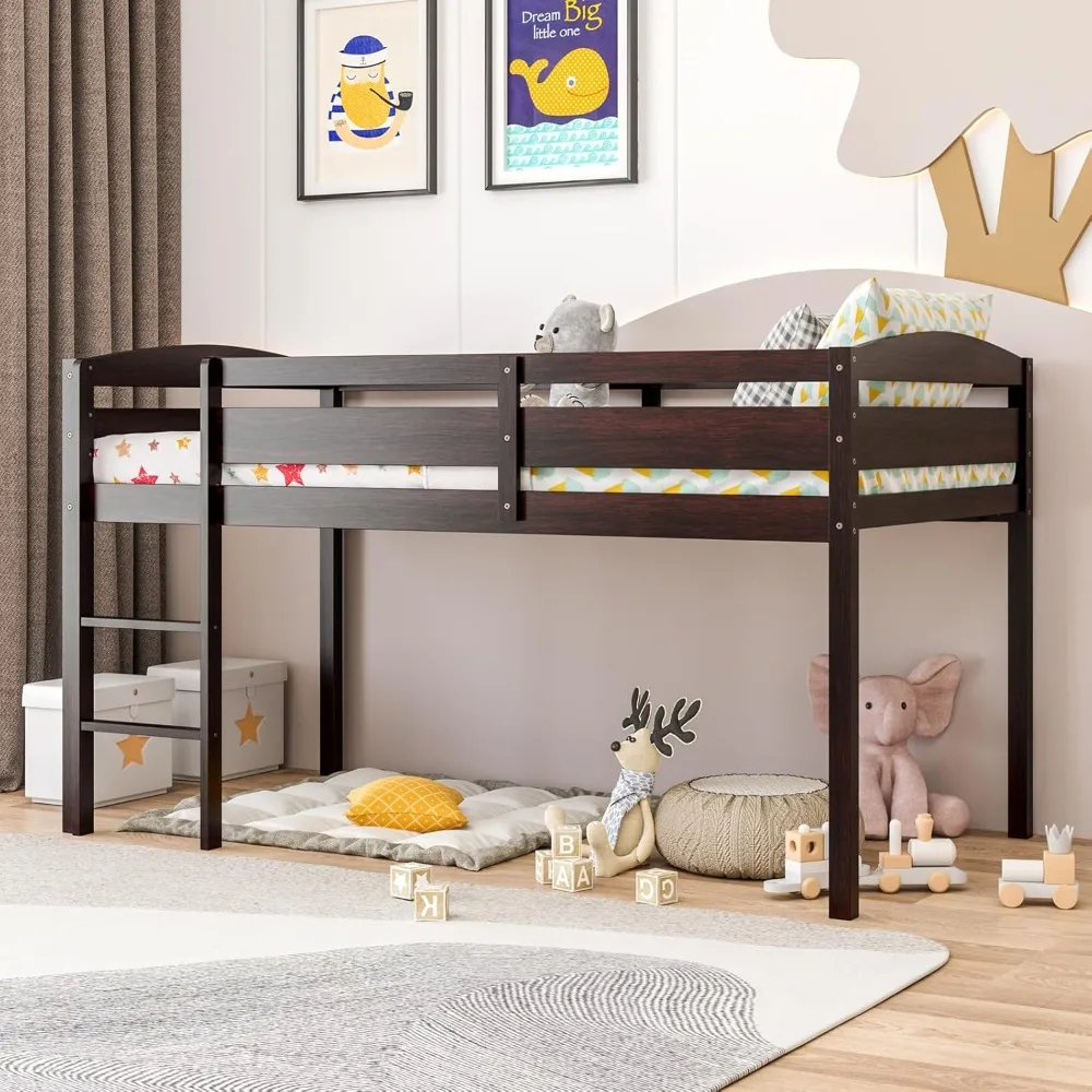 Twin Loft Bed, Solid Wood Low Loft Bed for Kids with Ladder & Guard Rails, No Box Spring Needed, Space-Saving Loft Bed