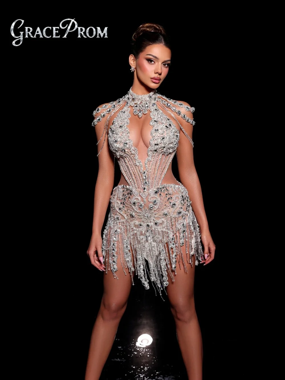 

Элегантное вечернее платье с бахромой и стразами, сексуальное вечернее платье с высоким воротом, сверкающее короткое вечернее платье длиной по индивидуальному заказу