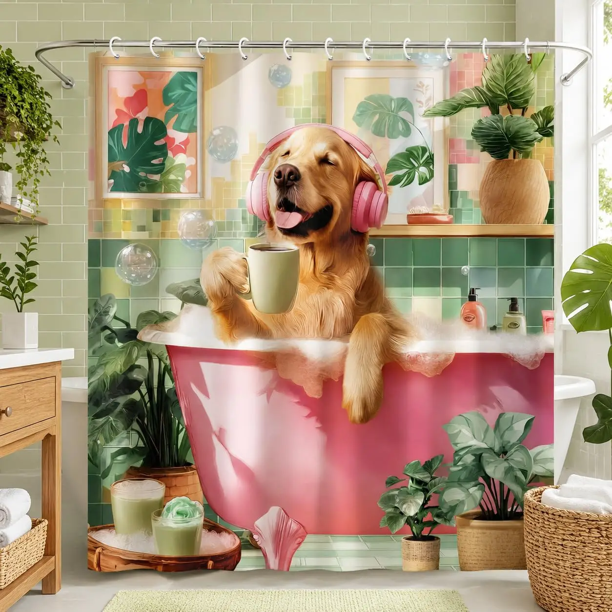 Cute Golden Dog Shower Curtain,Retriever With Pink Headphones Relax In Bathtub Green Plants Pattern Waterproof Partition Curtain