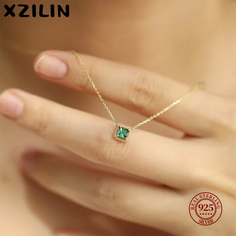 

925 Sterling Silver French Small Square Diamond Pendant 14k Gold Plating Necklace Women Fashion Shiny Clavicle Chain Jewelry