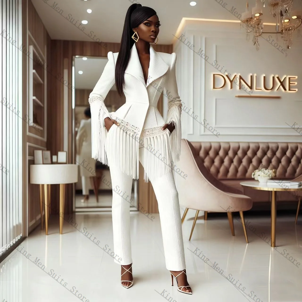 

Tassel White Women Suit Set 2 Pcs Blazer+Pants Trousers Lace Cotton Customized Formal Guest Wedding Tuxedos Prom Coat Jacket